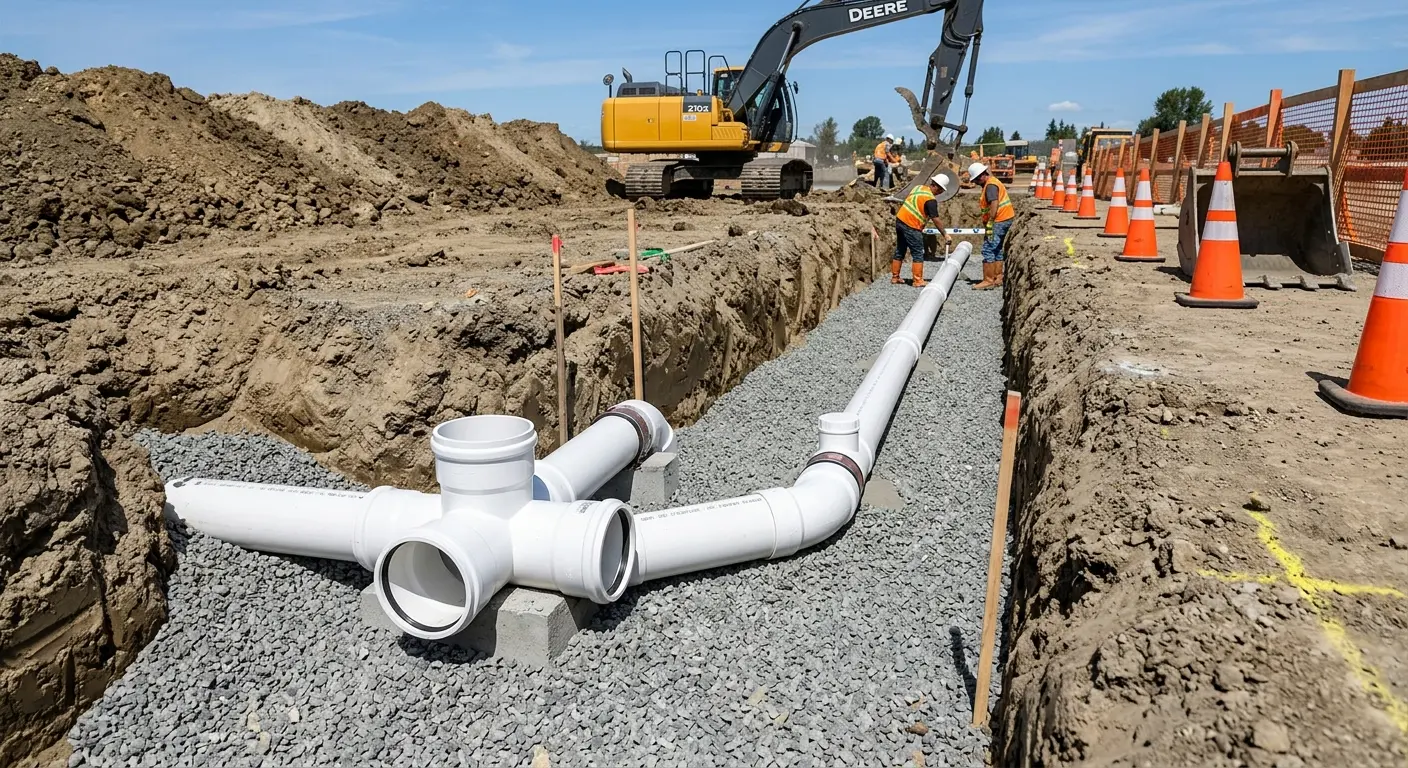 New PVC sewer pipe installation in open trench for Commercial Drain Cleaning in Woodbridge