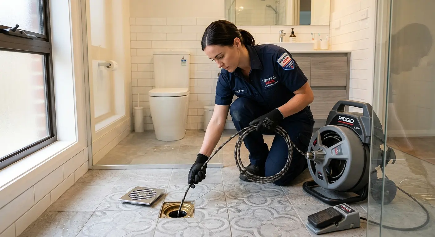 Technician clearing a bathroom floor drain for Hydro Jetting in Woodbridge